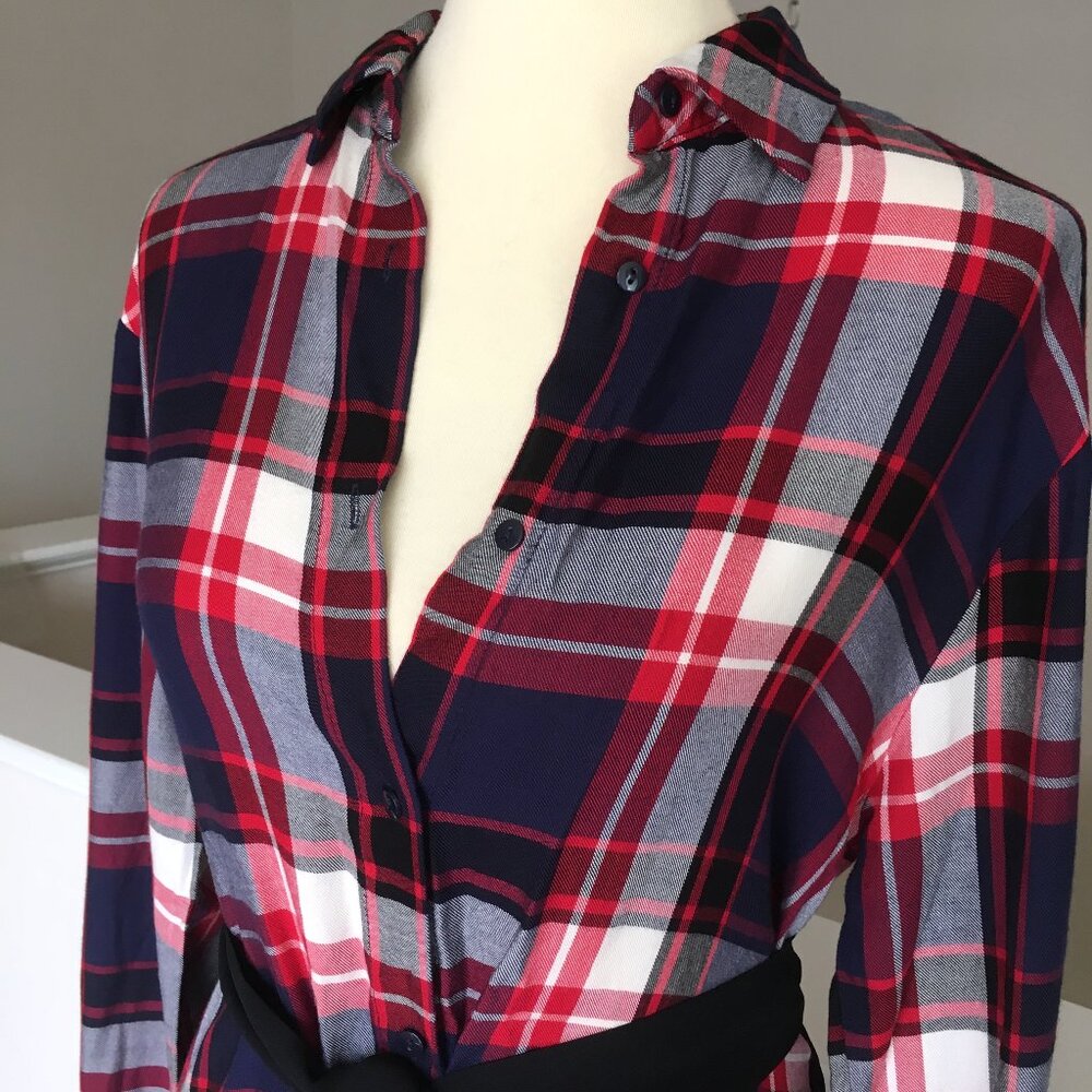 ZARA Plaid Tunic Button Down Shirt Dress Small Trafaluc Tartan Printed Belted - Picture 5 of 12